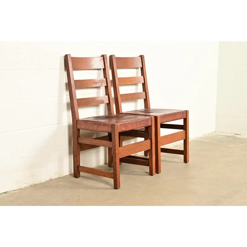 L. & J. G. Stickley Antique Mission Oak Arts & Crafts Ladder Back Side Chairs or Dining Chairs | Pair - Image 4