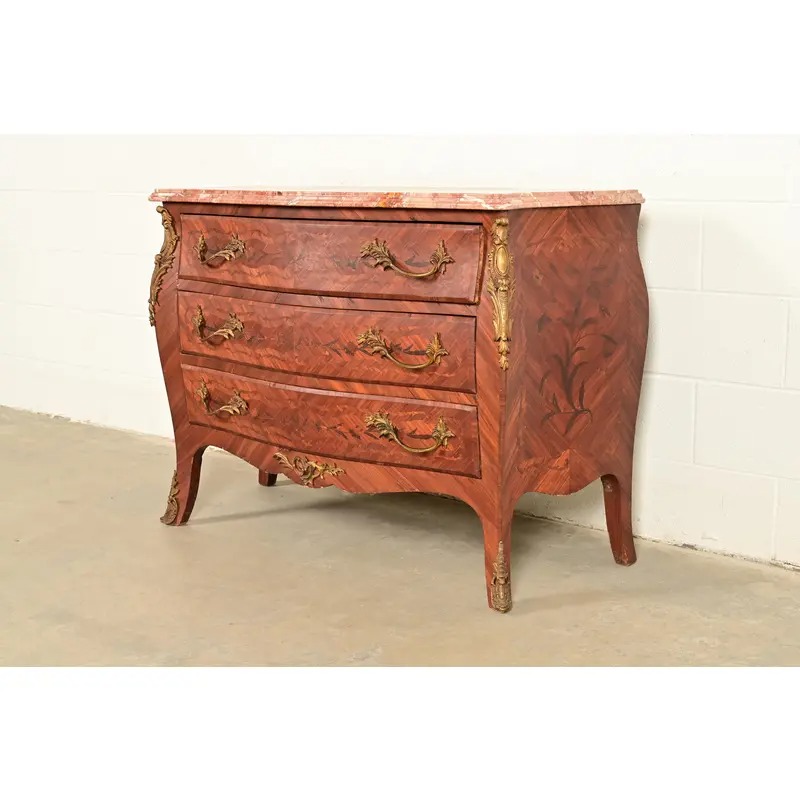 Paul Sormani Style Antique French Provincial Louis XV Kingwood Inlaid Marquetry Marble Top Commode With Mounted Ormolu | Circa 1920s - Image 4