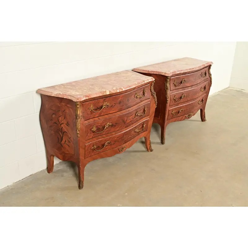 Paul Sormani Style Antique French Provincial Louis XV Kingwood Inlaid Marquetry Marble Top Commodes With Mounted Ormolu | Pair - Image 4