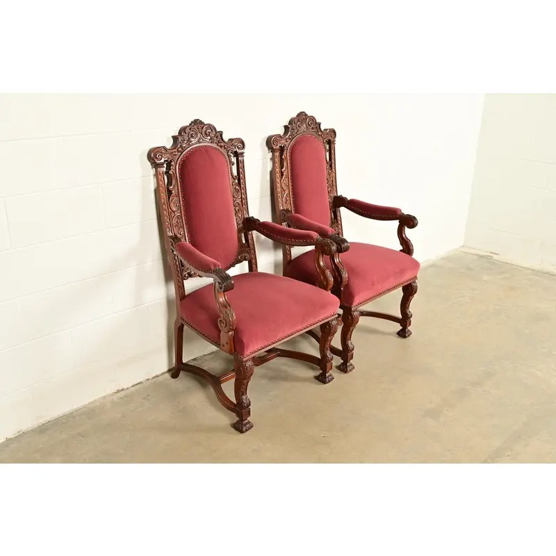 R. J. Horner Style Antique Renaissance Revival Carved Walnut Armchairs | Pair - Image 4