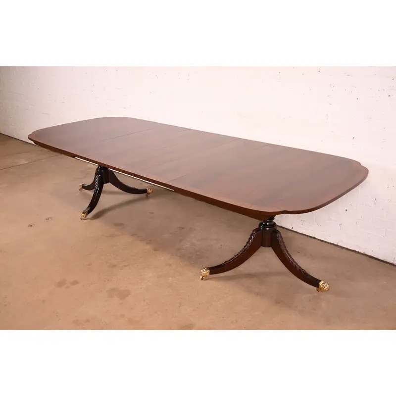Stickley Georgian Banded Flame Mahogany Double Pedestal Extension Dining Table | Newly Refinished - Image 4