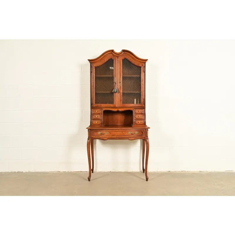 Thomasville French Provincial Carved Walnut Secretary Desk With Bookcase Hutch - Image 4