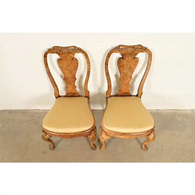 18th Century Antique Thomas Chippendale Period Carved Burl Wood Side Chairs or Dining Chairs, Pair - Image 5