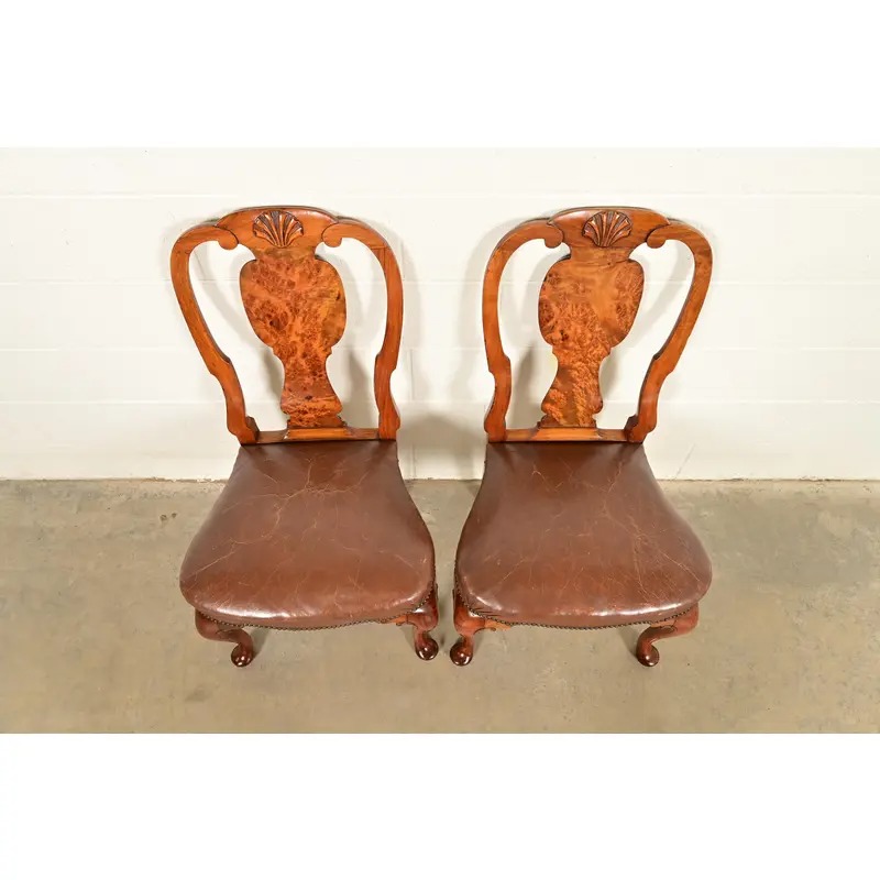 Antique English Queen Anne Burl Wood Side Chairs or Dining Chairs, Circa 1860s - Image 5