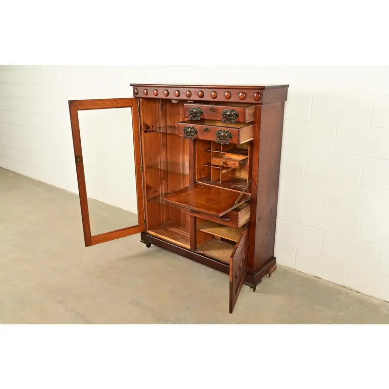 Antique Victorian Carved Oak Smoker's Display Cabinet With Drop Front Desk, Circa 1900 - Image 5