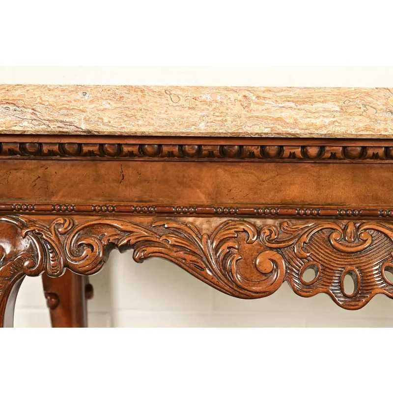 Baker Furniture Chippendale Carved Walnut Marble Top Console Table With Paw Feet - Image 5