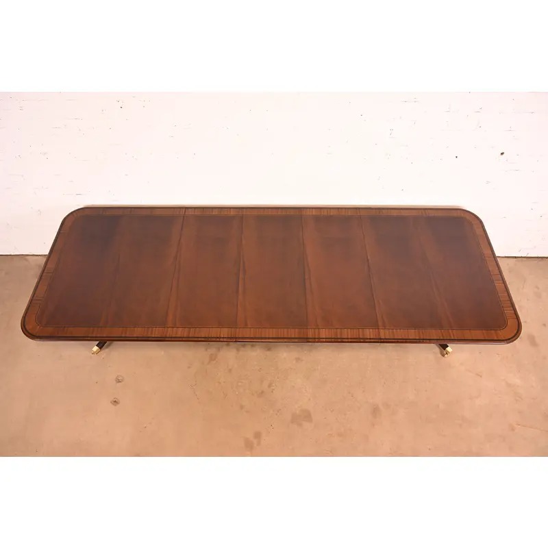 Baker Furniture Stately Homes Georgian Banded Mahogany Double Pedestal Extension Dining Table | Newly Refinished - Image 5