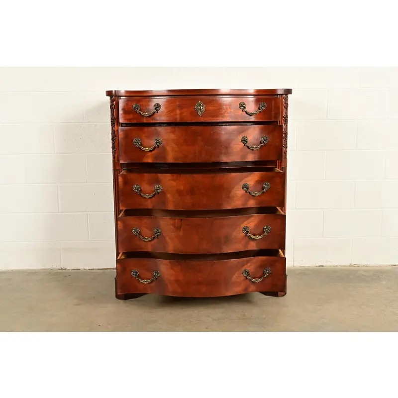 Century Furniture Georgian Carved Flame Mahogany Serpentine Front Five-Drawer Highboy Dresser | Circa 1950s - Image 5