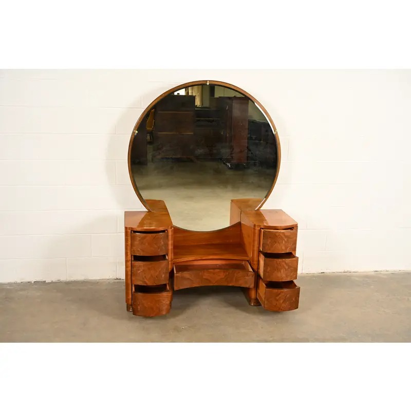 Donald Deskey Style Art Deco Burl Wood Vanity Dresser With Mirror, Circa 1930s - Image 5