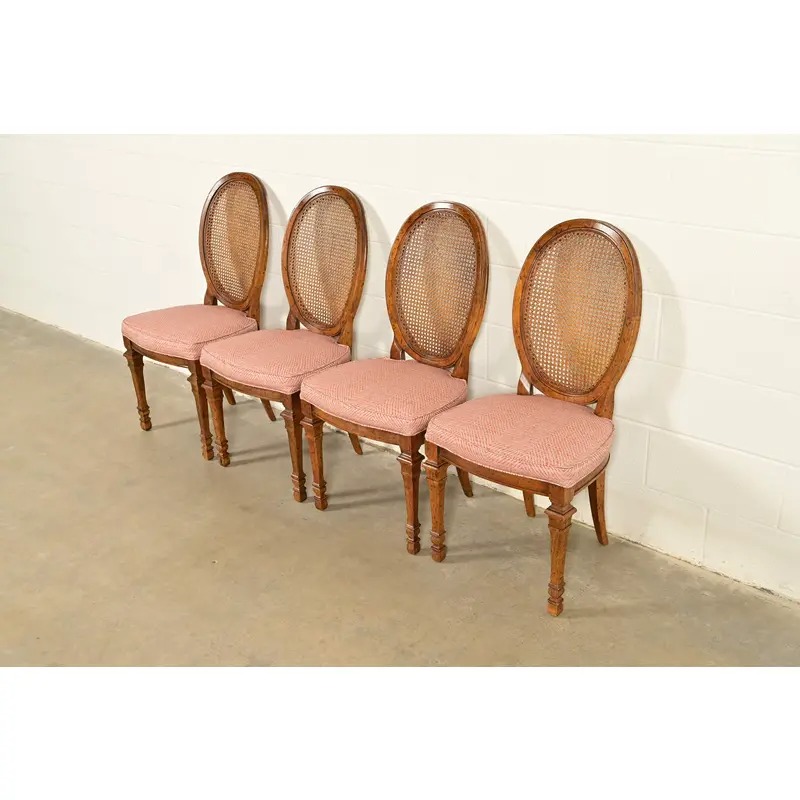 Drexel French Regency Louis XVI Carved Walnut Cane Back Dining Chairs | Set of Four - Image 5