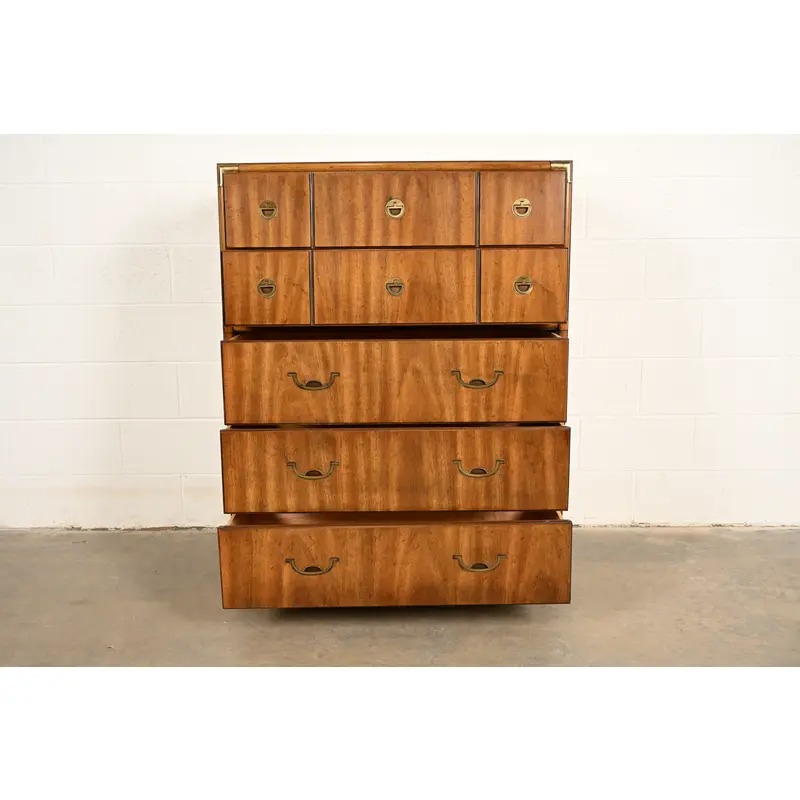 Drexel Heritage Mid-Century Modern Hollywood Regency Campaign Walnut Highboy Dresser, 1970s - Image 5