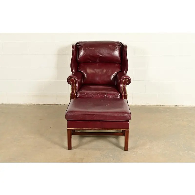 Hancock & Moore Chippendale Wingback Leather Lounge Chair With Ottoman - Image 5
