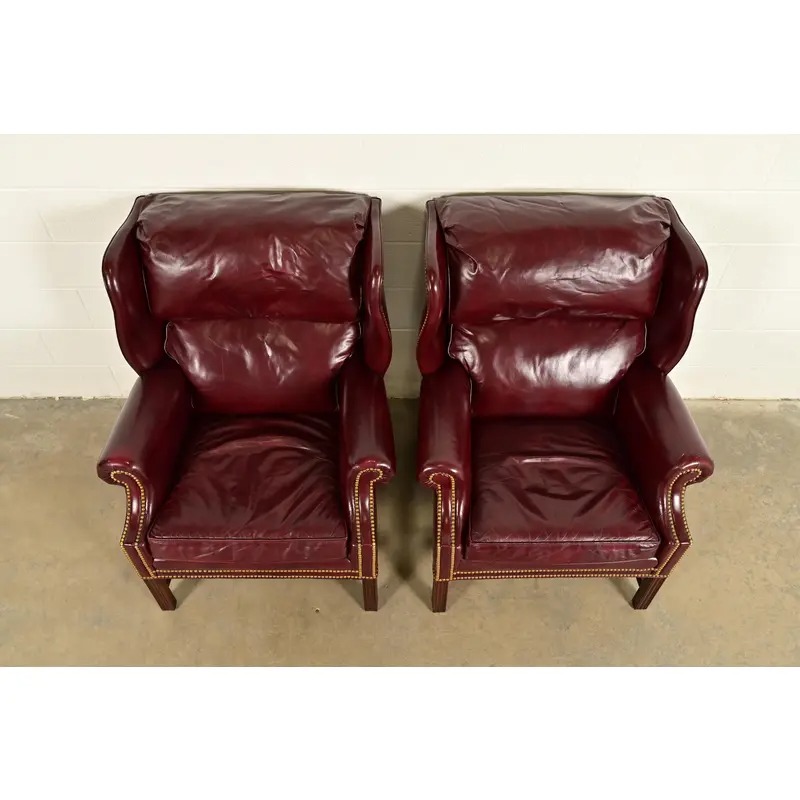 Hancock & Moore Chippendale Wingback Leather Lounge Chairs | Pair - Image 5