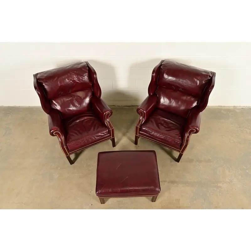 Hancock & Moore Chippendale Wingback Leather Lounge Chairs With Ottoman - Image 5