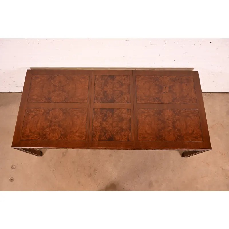 Henredon Mid-Century Modern Hollywood Regency Oak and Burl Wood Extension Dining Table, Newly Refinished - Image 5
