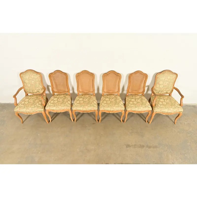 John Stuart French Provincial Louis XV Carved Oak and Cane Back Dining Chairs, Set of Six - Image 5