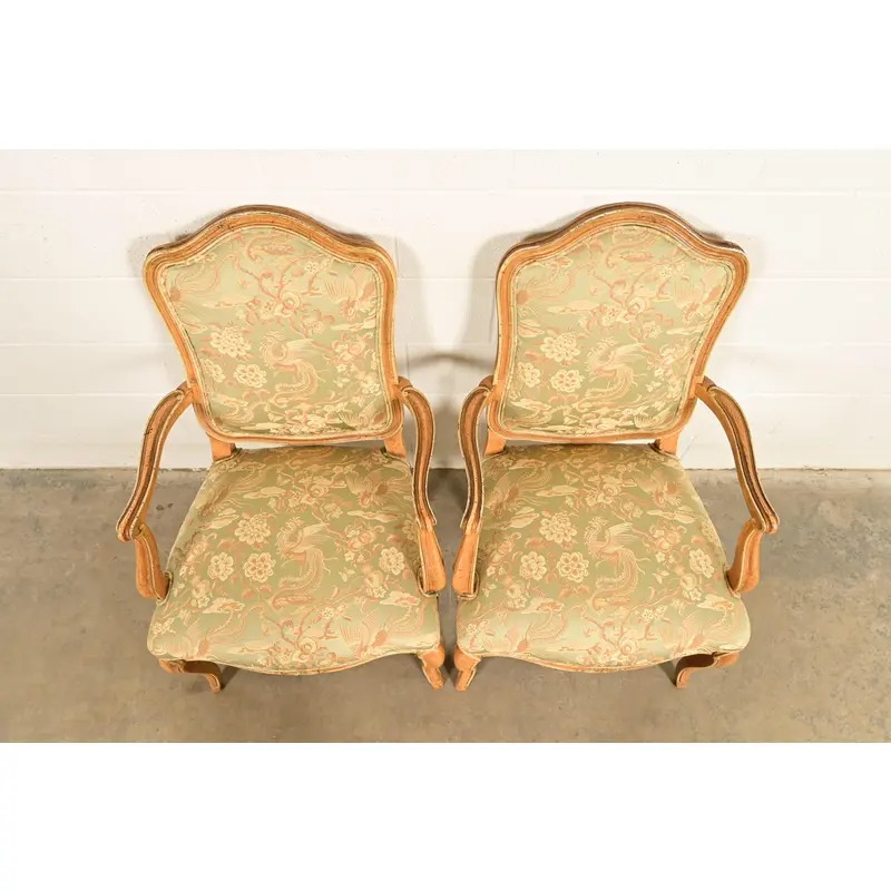 John Stuart French Provincial Louis XV Carved Oak Armchairs | Pair - Image 5