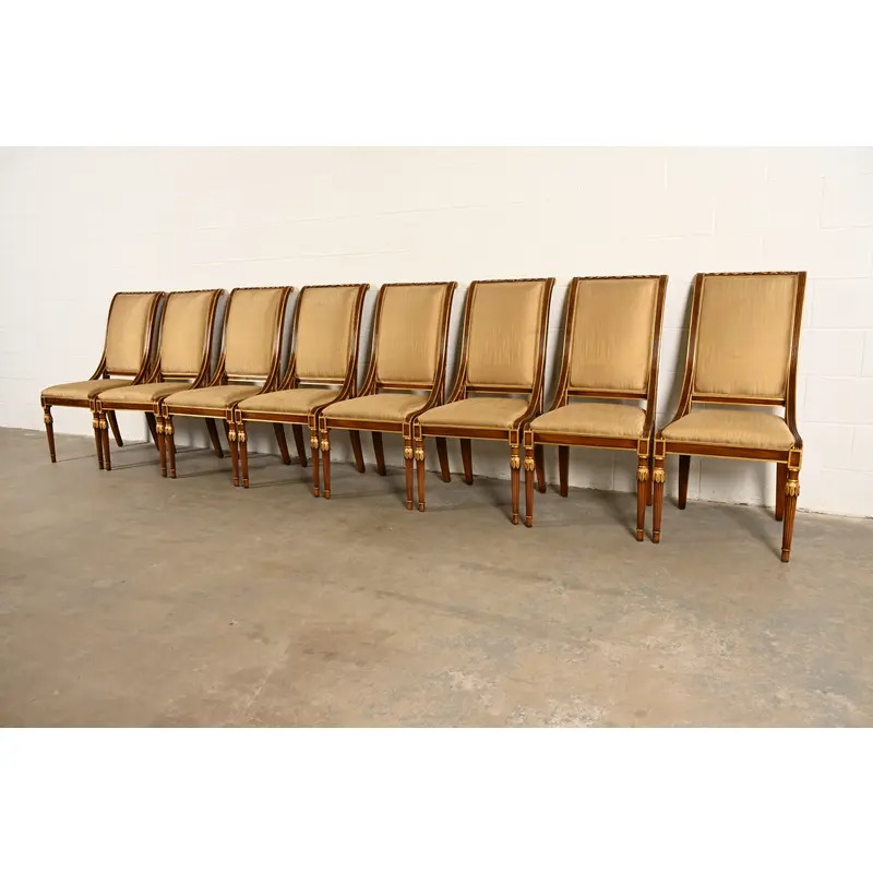 Karges French Regency Louis XVI Carved Walnut and Gold Gilt Dining Chairs | Set of Eight - Image 5