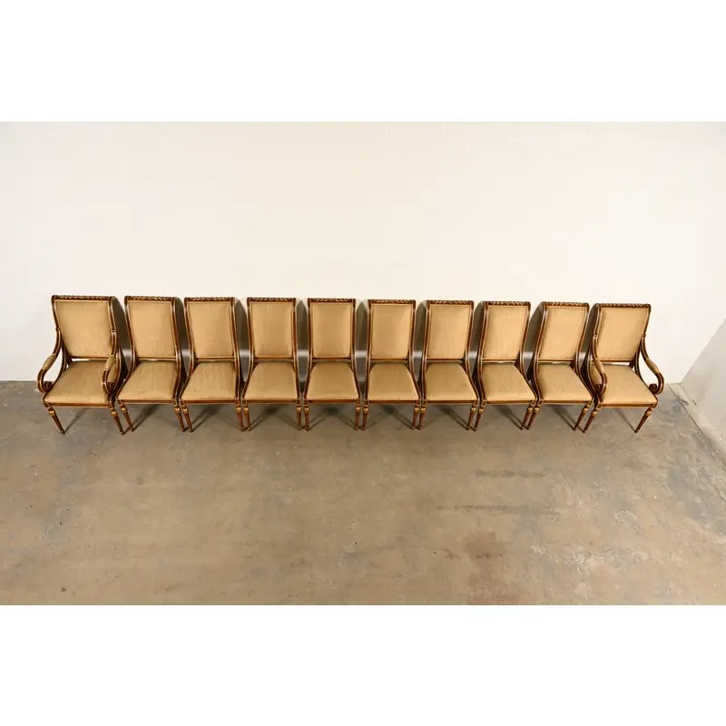 Karges French Regency Louis XVI Carved Walnut and Gold Gilt Dining Chairs | Set of Ten - Image 5