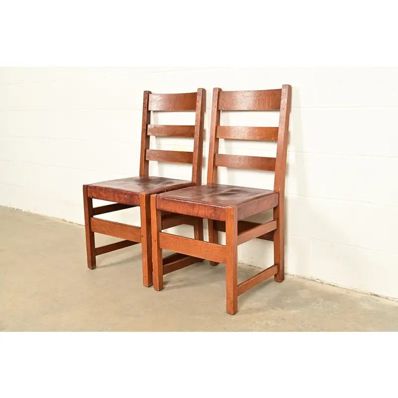 L. & J. G. Stickley Antique Mission Oak Arts & Crafts Ladder Back Side Chairs or Dining Chairs | Pair - Image 5