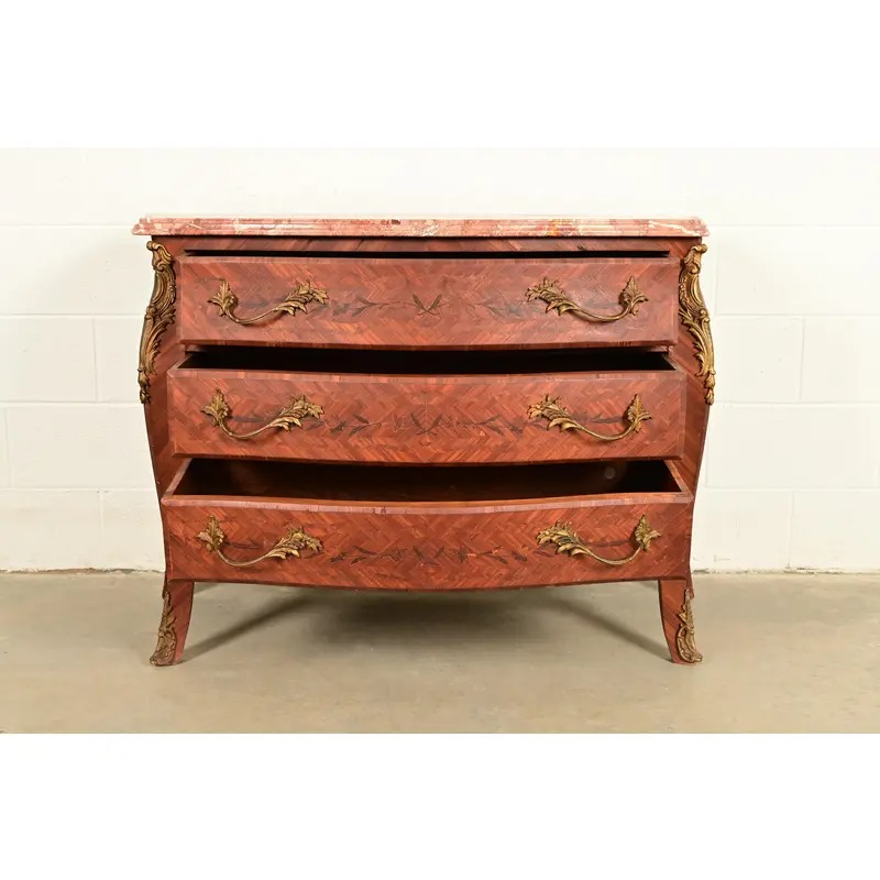 Paul Sormani Style Antique French Provincial Louis XV Kingwood Inlaid Marquetry Marble Top Commode With Mounted Ormolu | Circa 1920s - Image 5