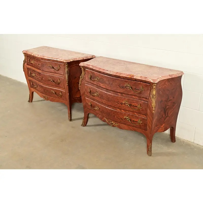 Paul Sormani Style Antique French Provincial Louis XV Kingwood Inlaid Marquetry Marble Top Commodes With Mounted Ormolu | Pair - Image 5