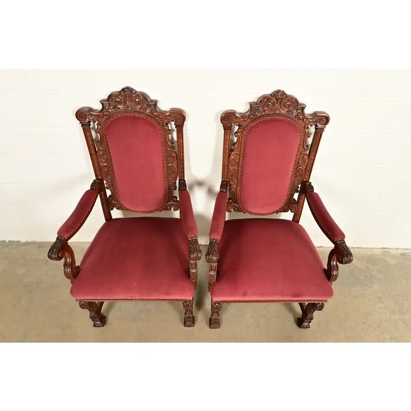 R. J. Horner Style Antique Renaissance Revival Carved Walnut Armchairs | Pair - Image 5