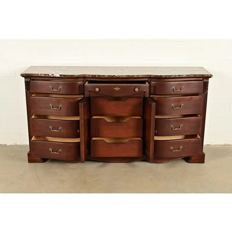 Thomasville French Louis Philippe Carved Mahogany Marble Top Triple Dresser or Credenza - Image 5