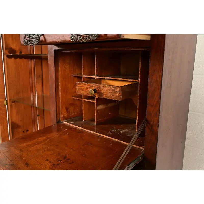 Antique Victorian Carved Oak Smoker's Display Cabinet With Drop Front Desk, Circa 1900 - Image 6