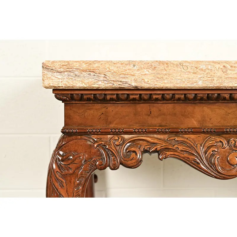 Baker Furniture Chippendale Carved Walnut Marble Top Console Table With Paw Feet - Image 6