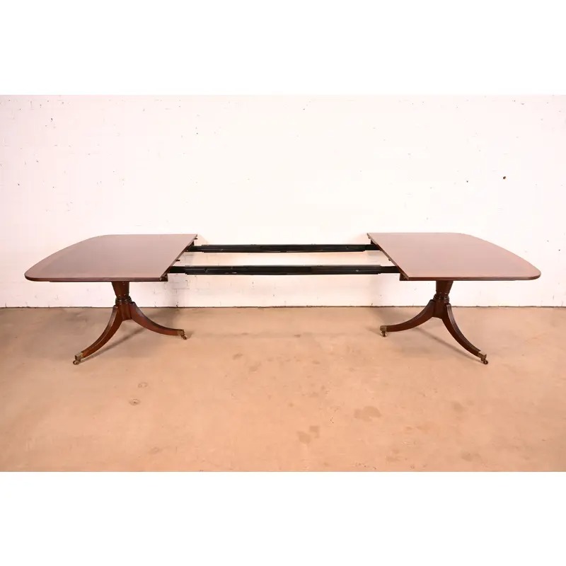 Baker Furniture Georgian Banded Mahogany Double Pedestal Extension Dining Table | Newly Refinished - Image 6