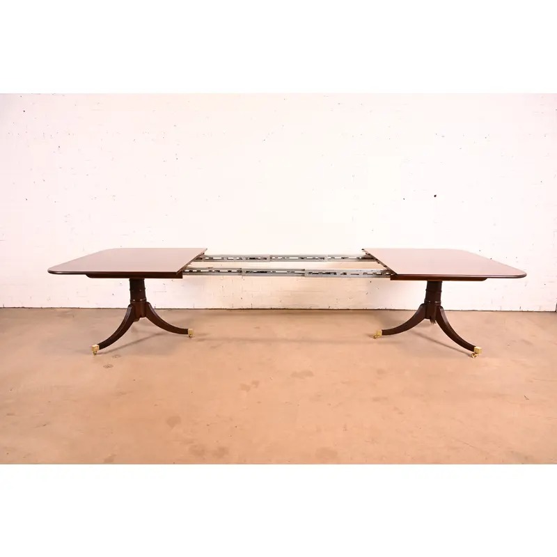 Baker Furniture Stately Homes Georgian Banded Mahogany Double Pedestal Extension Dining Table | Newly Refinished - Image 6