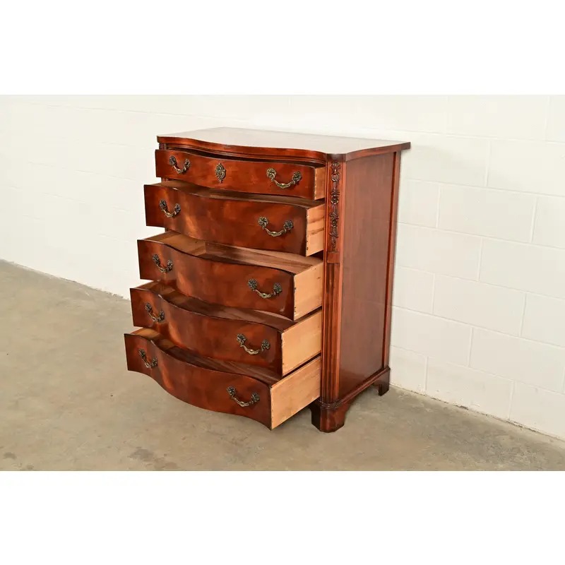 Century Furniture Georgian Carved Flame Mahogany Serpentine Front Five-Drawer Highboy Dresser | Circa 1950s - Image 6