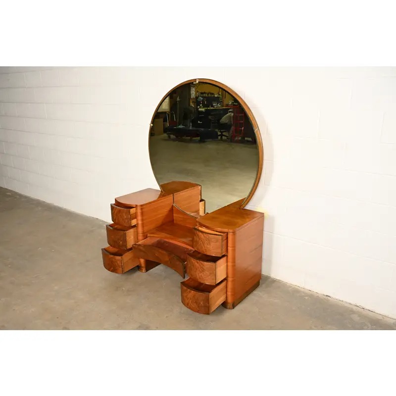 Donald Deskey Style Art Deco Burl Wood Vanity Dresser With Mirror, Circa 1930s - Image 6