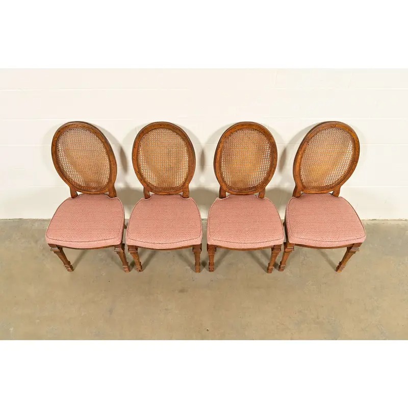 Drexel French Regency Louis XVI Carved Walnut Cane Back Dining Chairs | Set of Four - Image 6