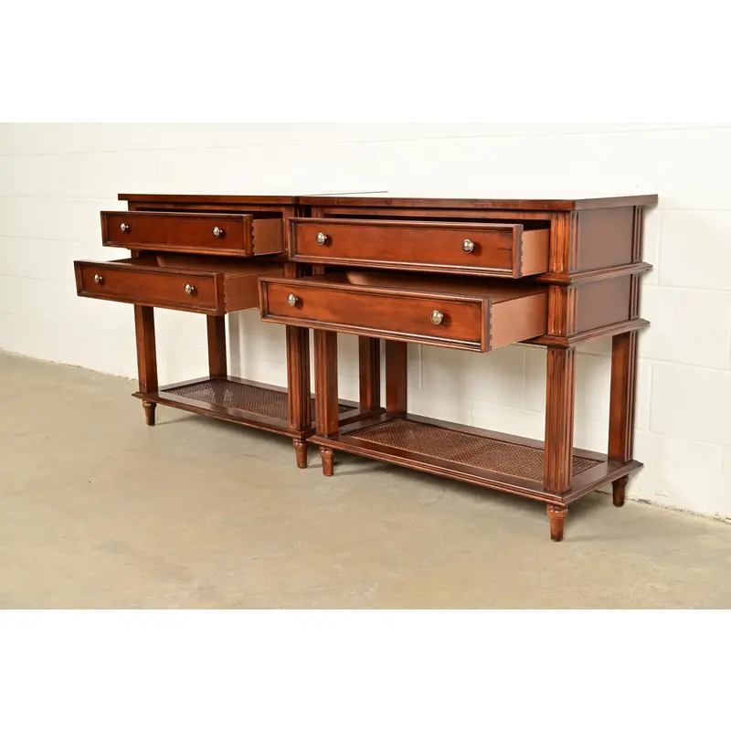 Drexel Heritage French Regency Louis XVI Carved Mahogany and Cane Console Tables or Servers, Pair - Image 6