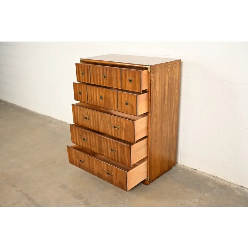 Drexel Heritage Mid-Century Modern Hollywood Regency Campaign Walnut Highboy Dresser, 1970s - Image 6