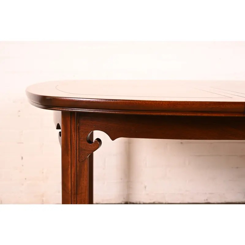 Henredon Mid-Century Modern Hollywood Regency Chinoiserie Walnut and Burl Wood Extension Dining Table | Newly Refinished - Image 6