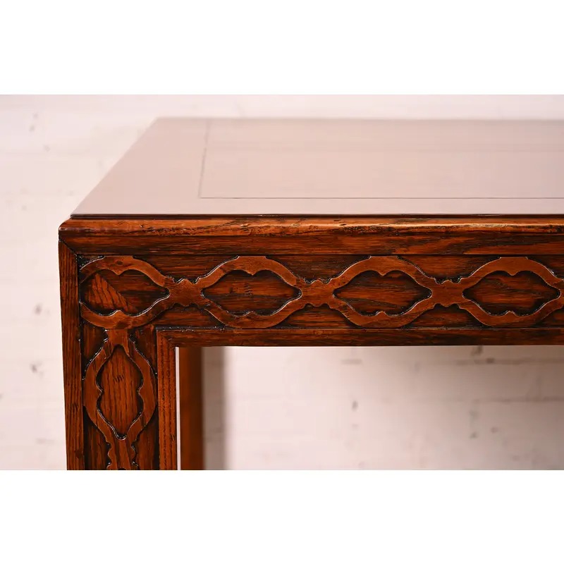 Henredon Mid-Century Modern Hollywood Regency Oak and Burl Wood Extension Dining Table, Newly Refinished - Image 6