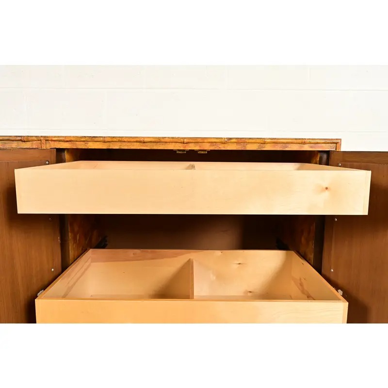Henredon Style Mid-Century Hollywood Regency Faux Bamboo Mirrored Front Sideboard Credenza, Circa 1970s - Image 6