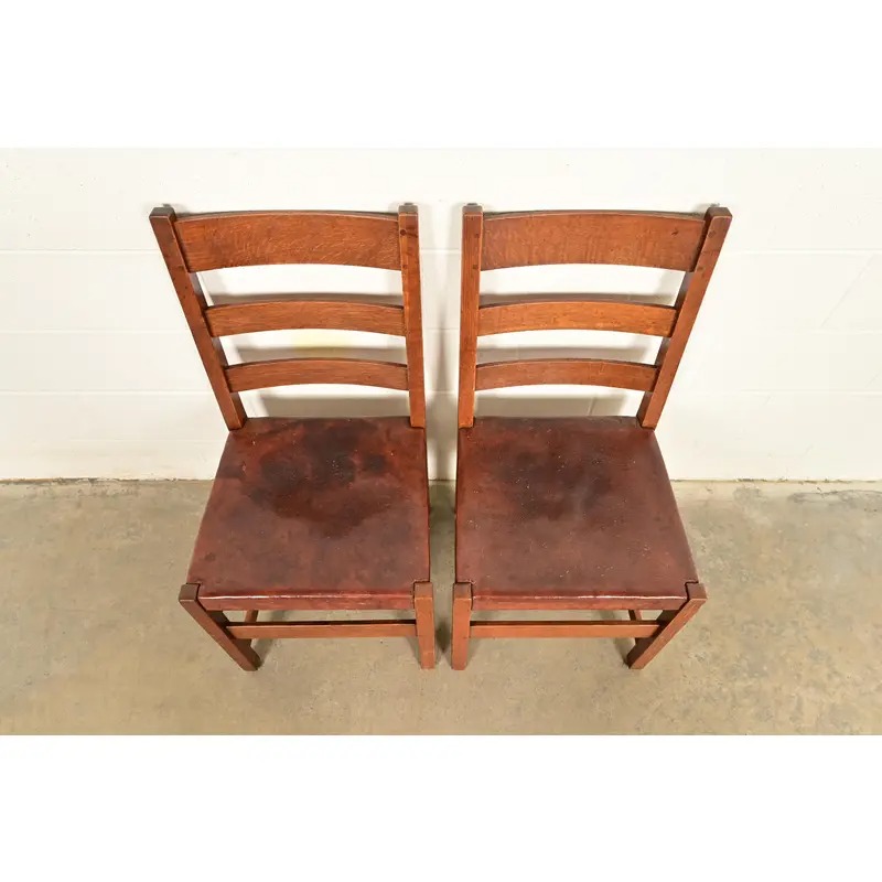 L. & J. G. Stickley Antique Mission Oak Arts & Crafts Ladder Back Side Chairs or Dining Chairs | Pair - Image 6