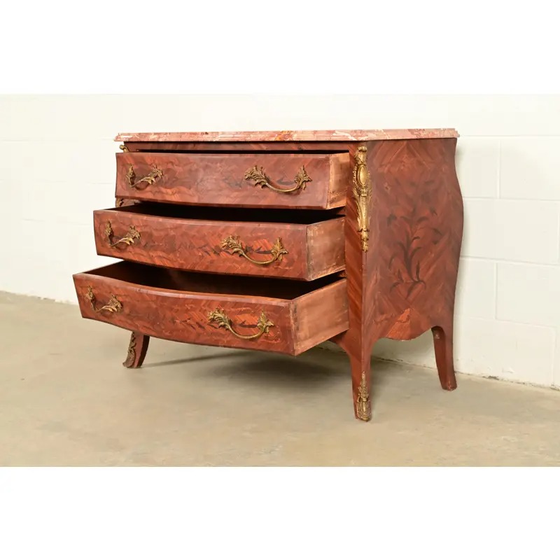Paul Sormani Style Antique French Provincial Louis XV Kingwood Inlaid Marquetry Marble Top Commode With Mounted Ormolu | Circa 1920s - Image 6