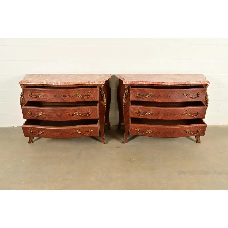Paul Sormani Style Antique French Provincial Louis XV Kingwood Inlaid Marquetry Marble Top Commodes With Mounted Ormolu | Pair - Image 6