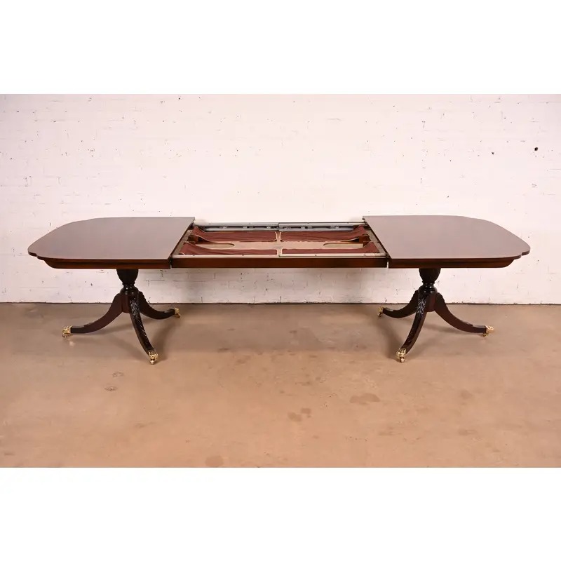 Stickley Georgian Banded Flame Mahogany Double Pedestal Extension Dining Table | Newly Refinished - Image 6