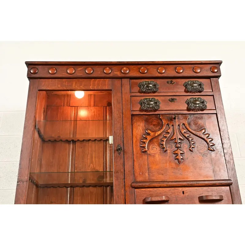 Antique Victorian Carved Oak Smoker's Display Cabinet With Drop Front Desk, Circa 1900 - Image 7