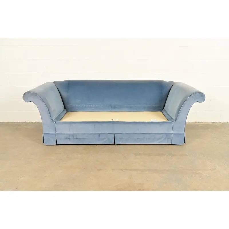 Baker Furniture Blue Velvet Upholstered Roll Arm Sofa - Image 7