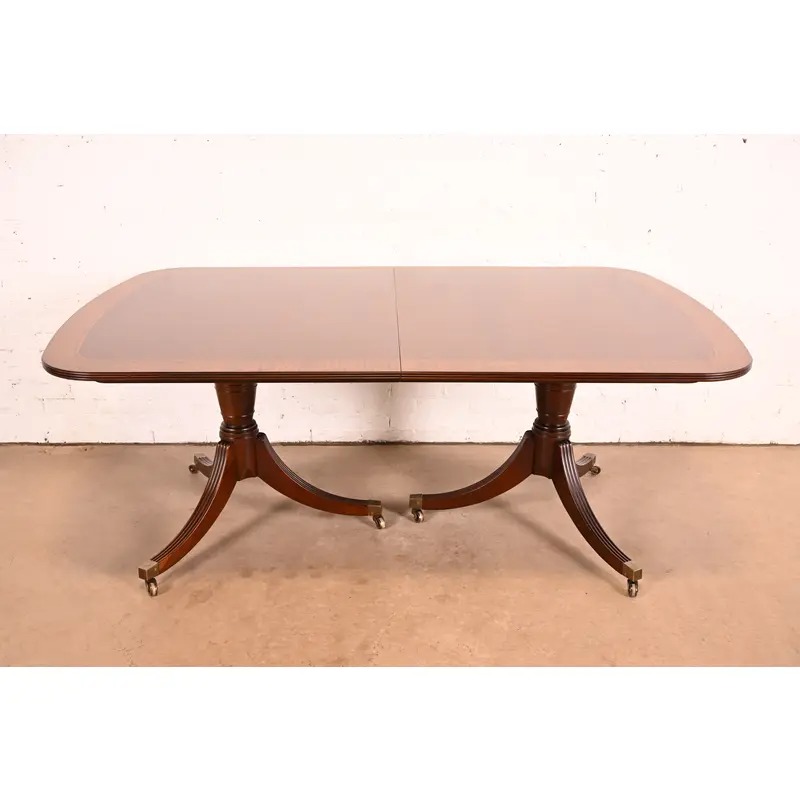 Baker Furniture Georgian Banded Mahogany Double Pedestal Extension Dining Table | Newly Refinished - Image 7