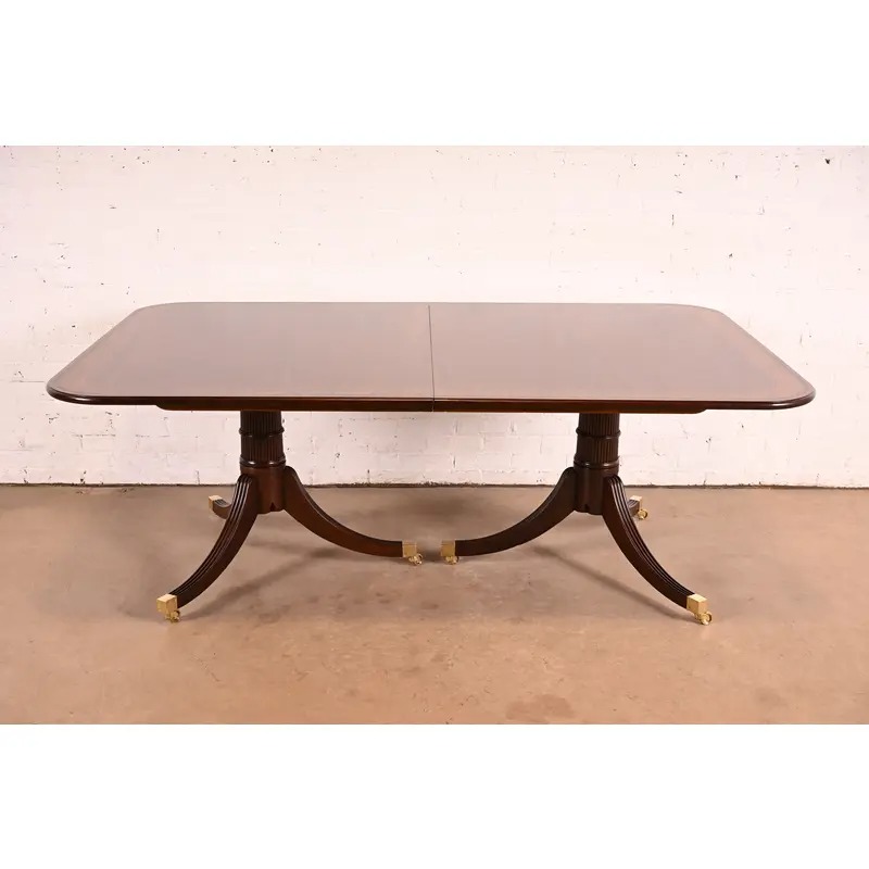 Baker Furniture Stately Homes Georgian Banded Mahogany Double Pedestal Extension Dining Table | Newly Refinished - Image 7