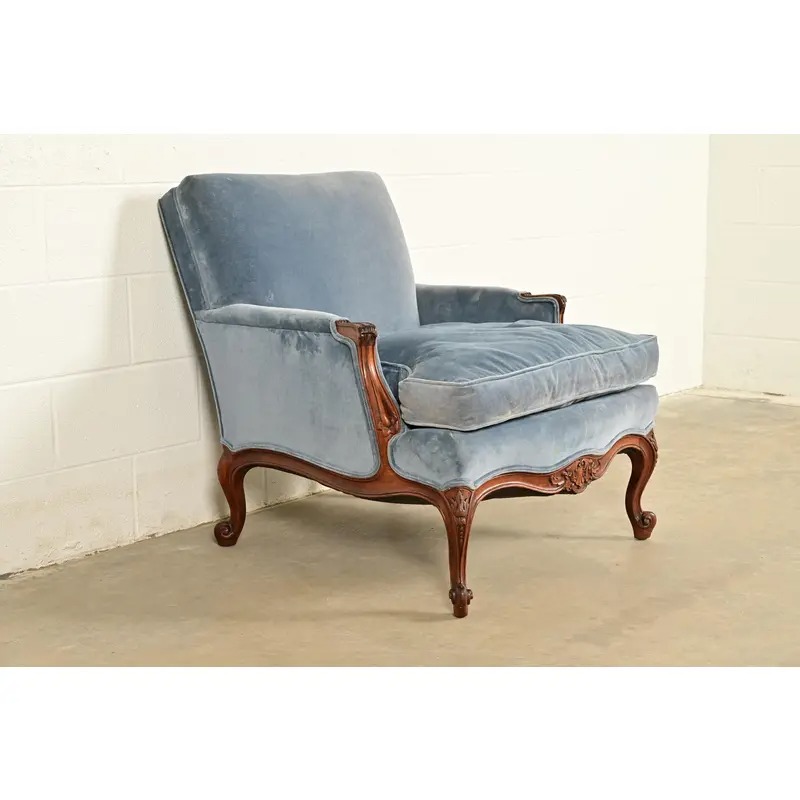 Baker Furniture Style French Provincial Louis XV Carved Walnut Velvet Upholstered Lounge Chair and Ottoman | Circa 1960s - Image 7