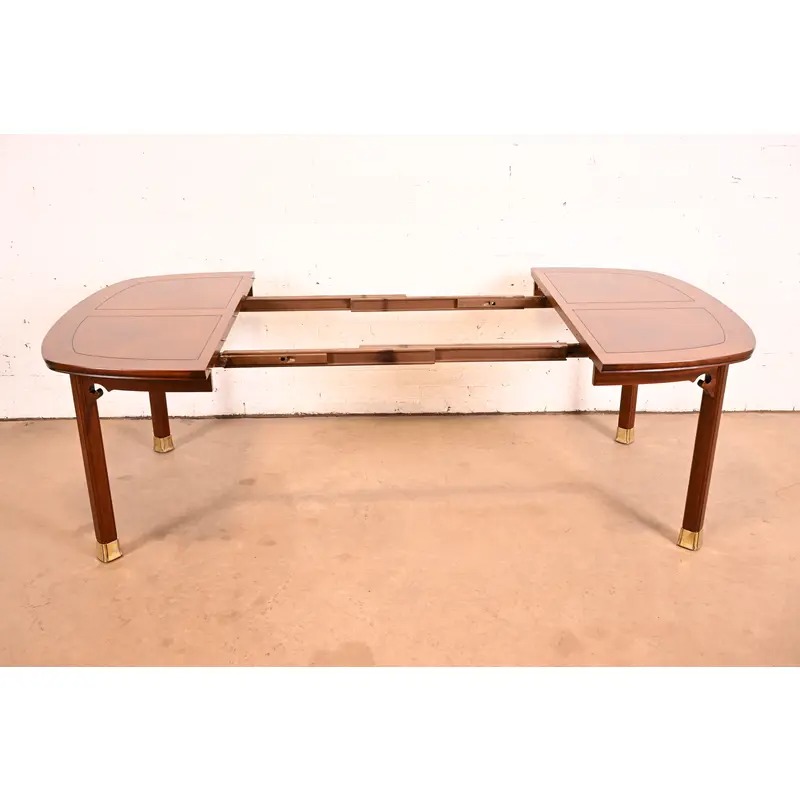 Henredon Mid-Century Modern Hollywood Regency Chinoiserie Walnut and Burl Wood Extension Dining Table | Newly Refinished - Image 7